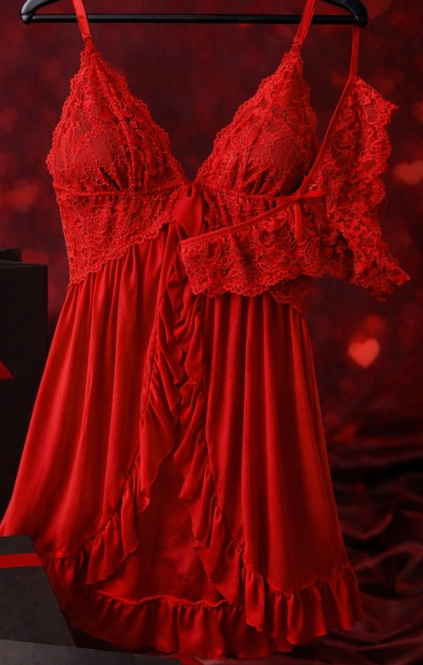 Elegant Lace Babydoll Nightdress Set with Matching Thong