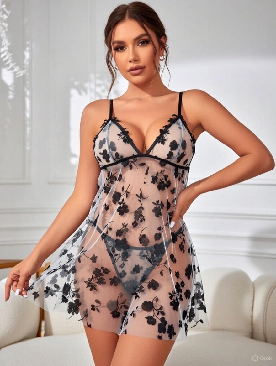 Midnight Bloom Sheer Babydoll