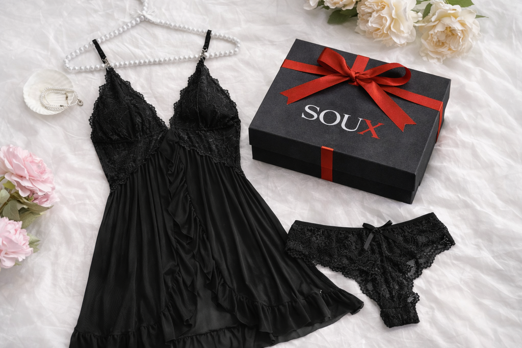 Elegant Red Lace Babydoll Nightdress Set with Matching Thong