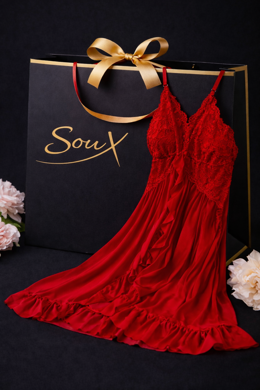 Elegant Lace Babydoll Nightdress Set with Matching Thong