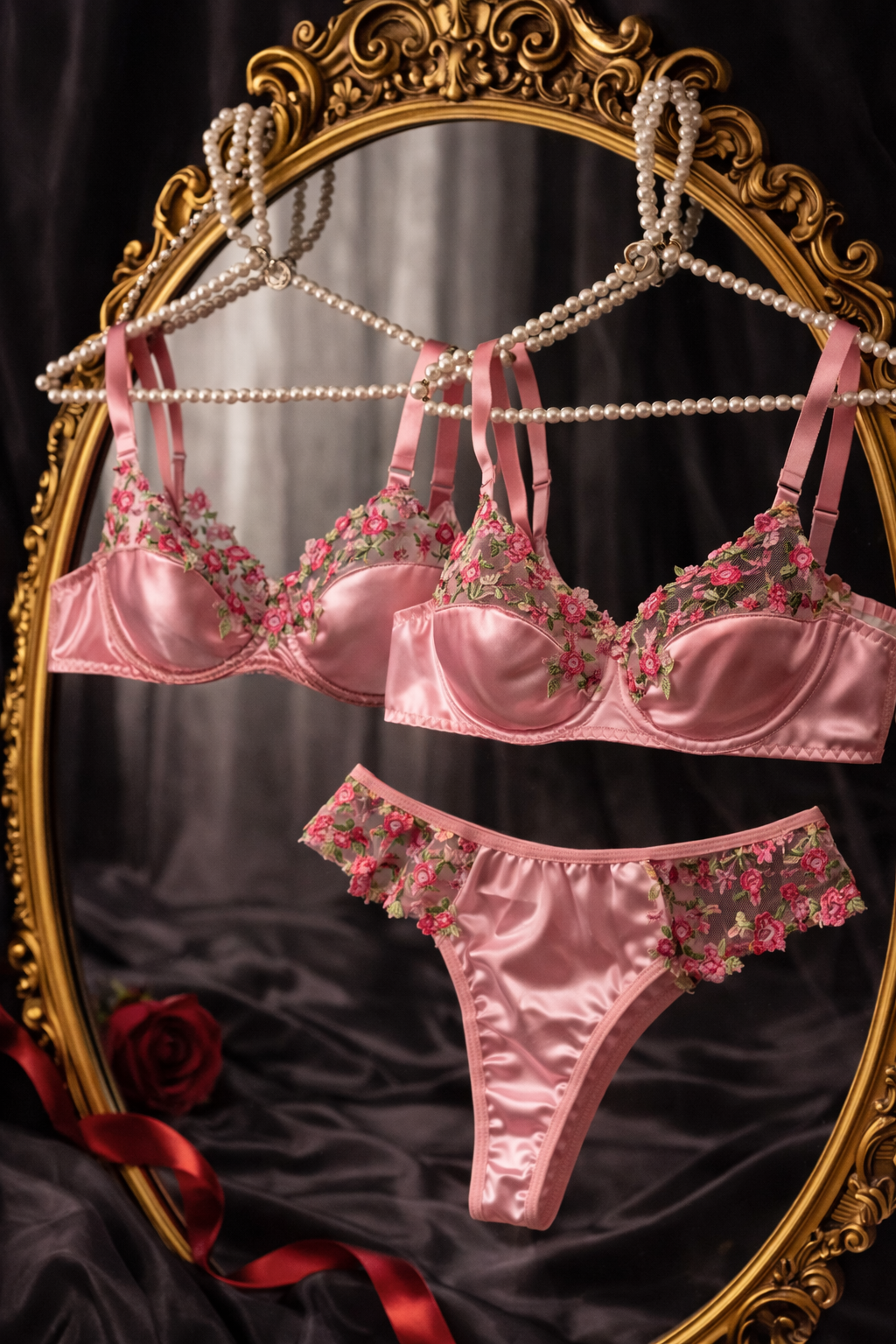 Rose Reverie Satin & Embroidered Lingerie Set