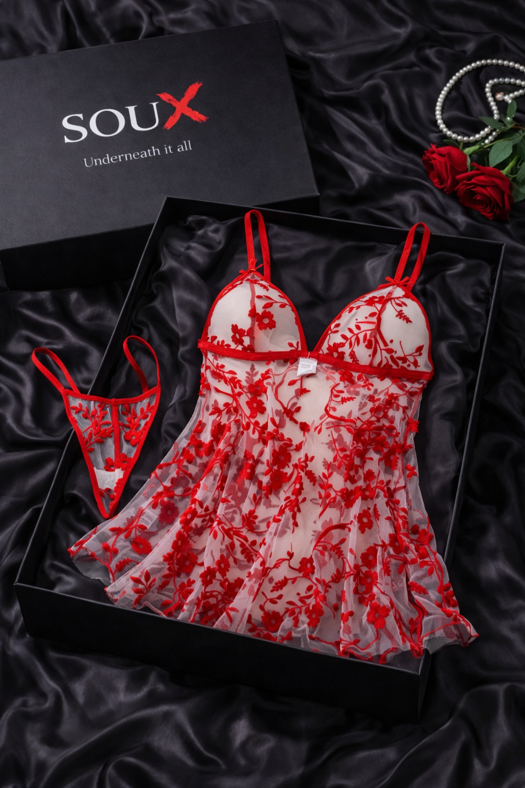 Crimson Bloom Sheer Babydoll Set