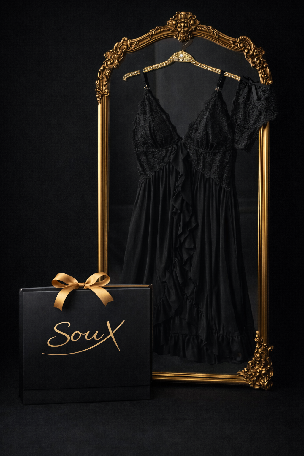 Elegant Lace Babydoll Nightdress Set with Matching Thong