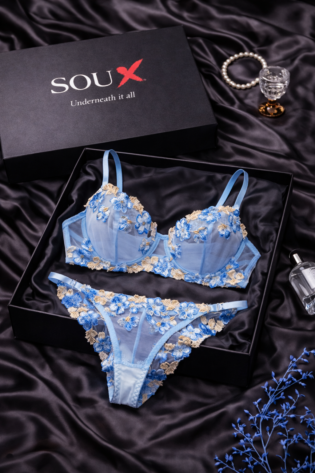Blue Belle Embroidered Lingerie Set