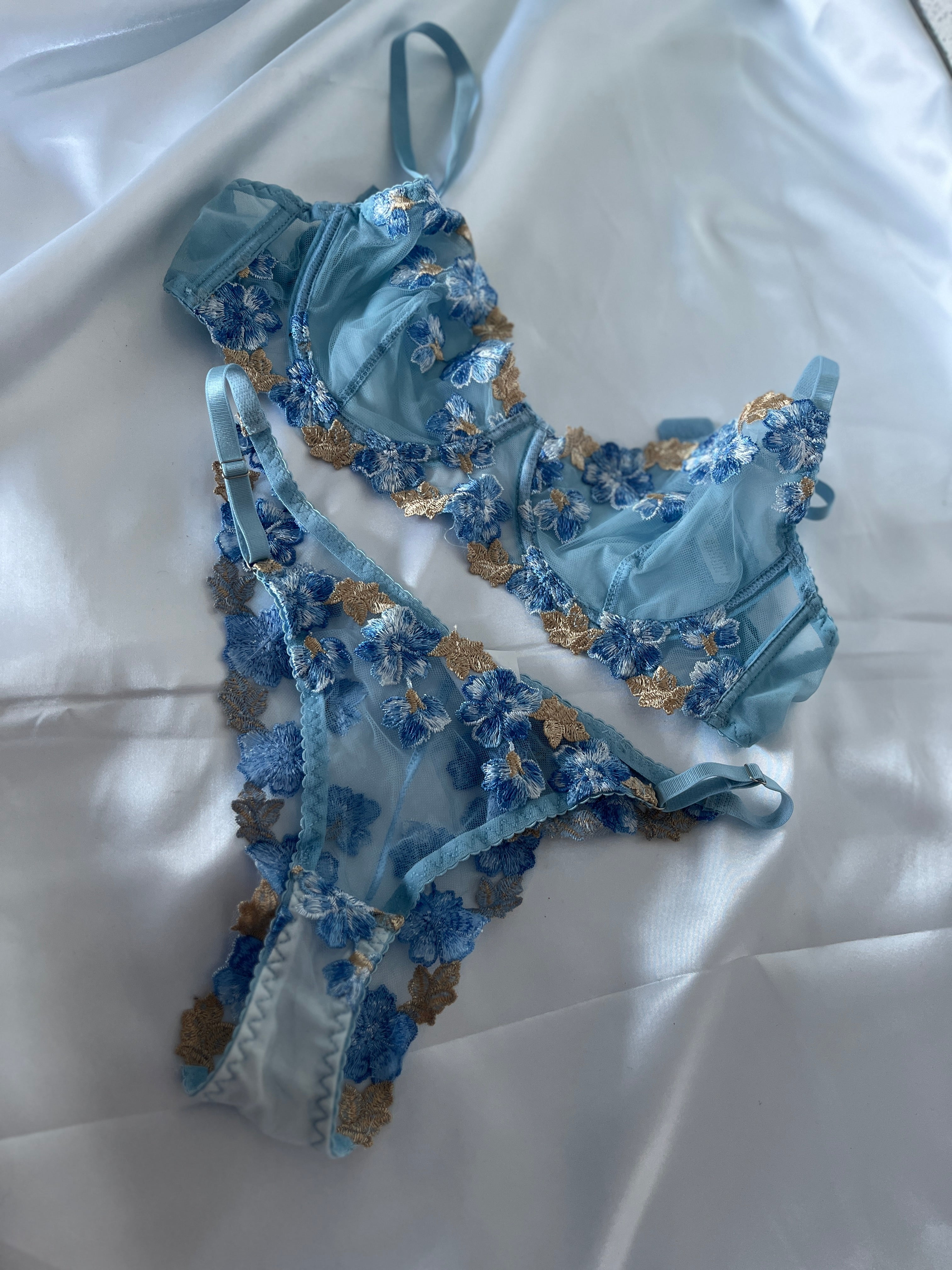 Blue Belle Embroidered Lingerie Set