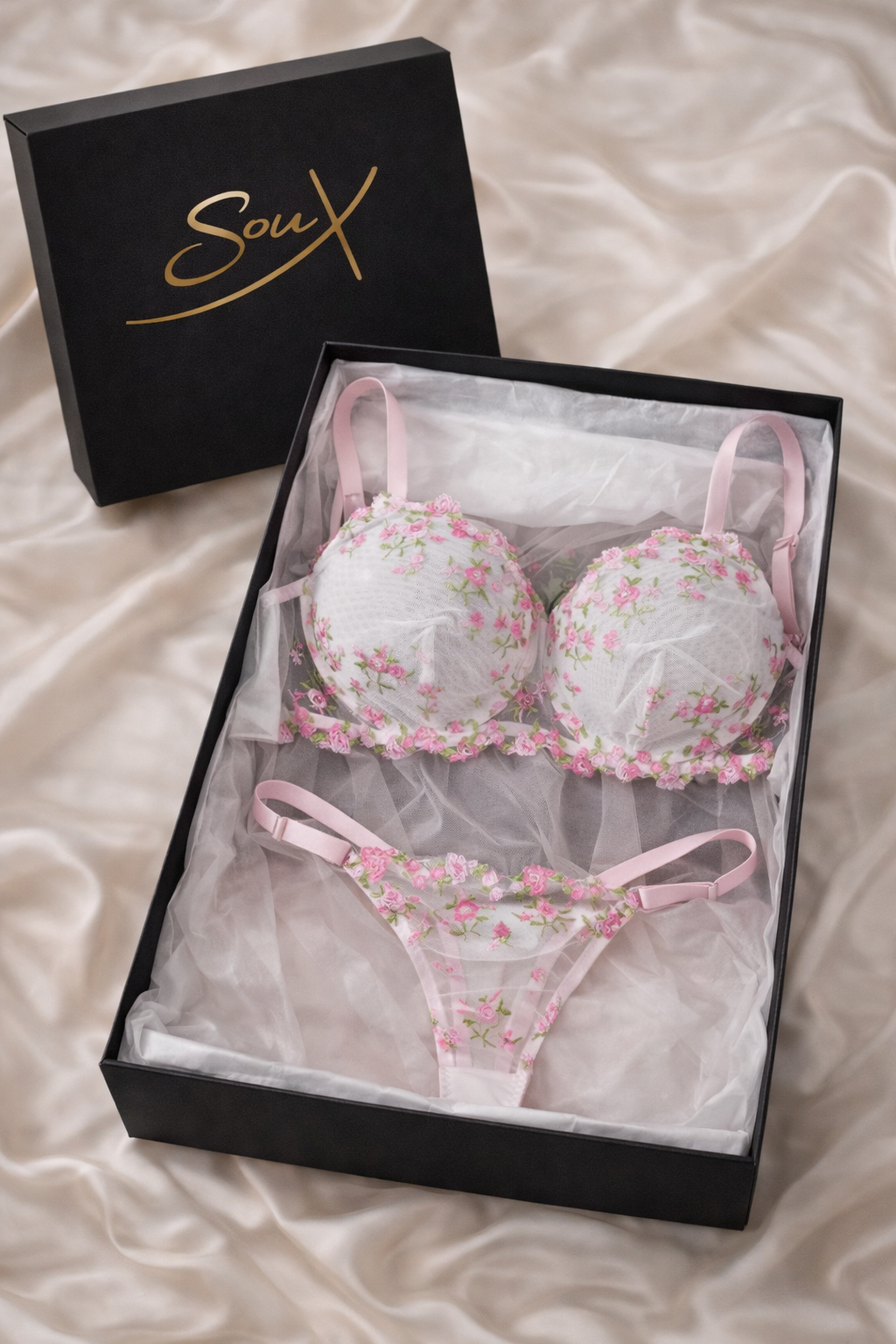 Rose Whisper” Embroidered Mesh Lingerie Set